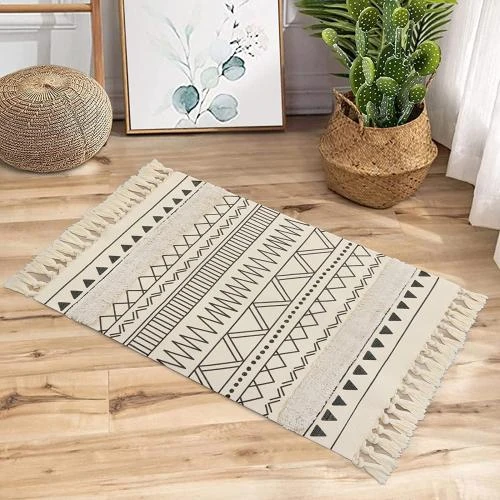 Zoom sur Yomshi Tapis Coton Lavable Géométrique Franges Marocain