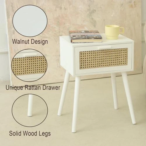 Détail de Table de chevet moderne AWASEN, rotin blanc, tiroir, rangement