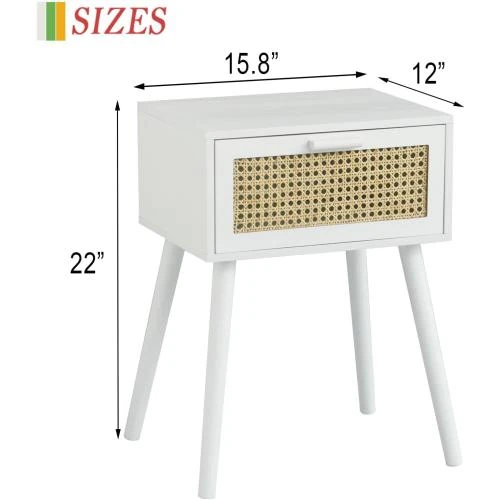 Zoom sur Table de chevet moderne AWASEN, rotin blanc, tiroir, rangement