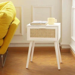 Table de chevet moderne AWASEN, rotin blanc, tiroir, rangement