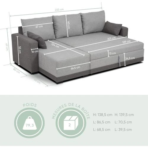 Zoom sur Canapé d'angle réversible BUDWING, tissu gris, 3 places