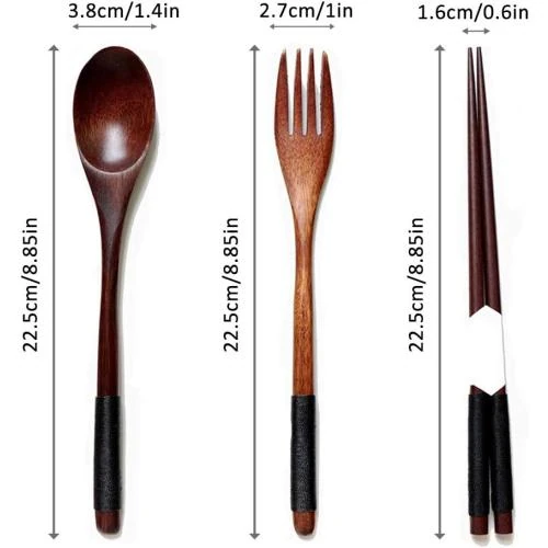 Zoom sur Couverts en Bois Reutilisables 3 Pièces ZFDG Camping, Pique-Nique