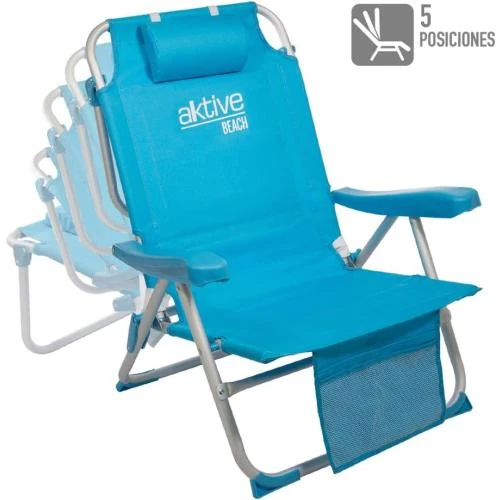 Zoom sur Chaise Pliante Plage AKTIVE, Coussin, Sac à Dos, Bleu Pastel