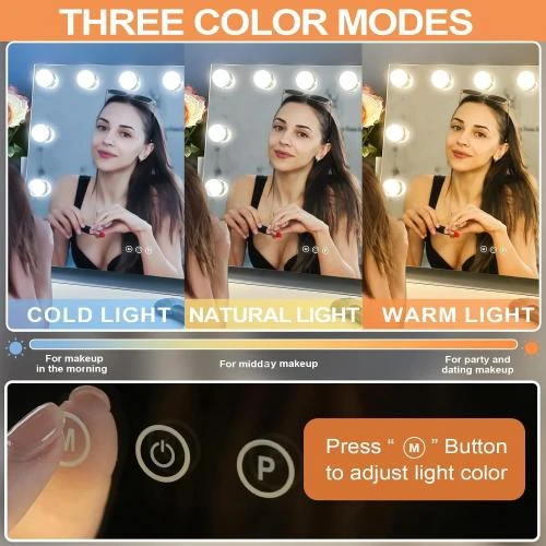 Détail de Miroir maquillage LuxeVue, 12 LED, 3 couleurs, grossissant