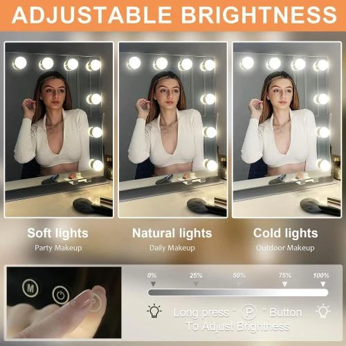 Zoom sur Miroir maquillage LuxeVue, 12 LED, 3 couleurs, grossissant