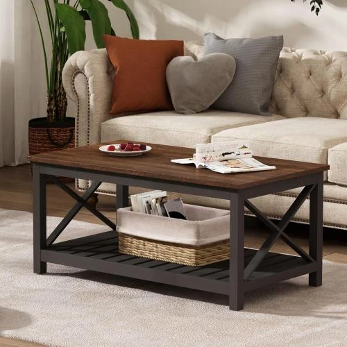 Zoom sur Table basse rustique vintage ChooChoo, étagère intégrée