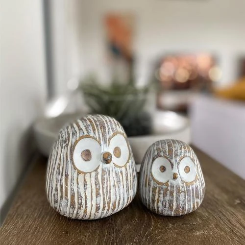 Zoom sur Statues Hiboux Chubby Décorations Résine Marron Blanc