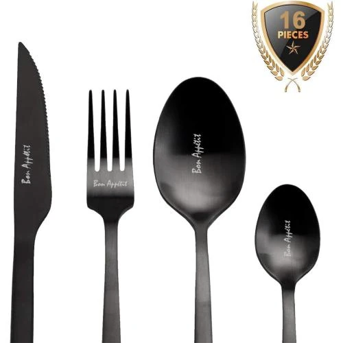 Couverts Inox Noirs Mats 16 Pièces, Coffret Cadeau - Vue principale