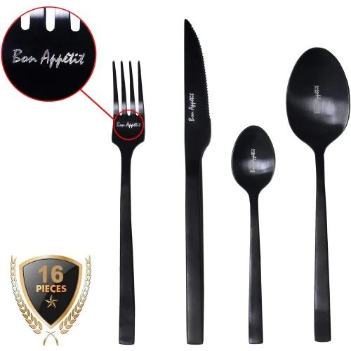 Détail de Couverts Inox Noirs Mats 16 Pièces, Coffret Cadeau