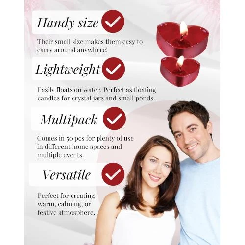 Zoom sur Bougies Chauffe Plat Coeur Rouge, 50 Unités, Romantique