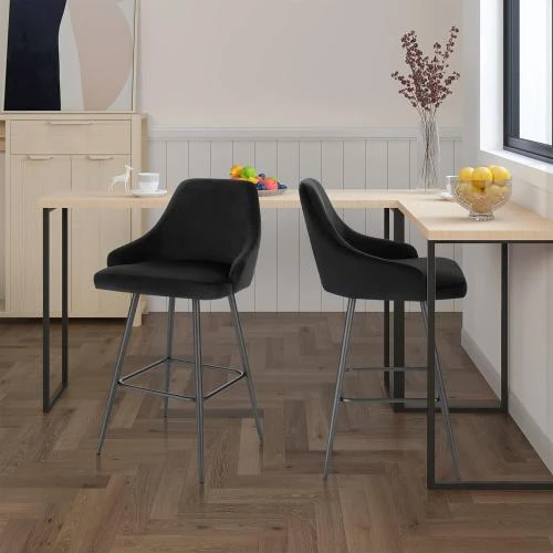 Détail de Tabourets Bar Velours Noir, Lot de 2, Dossier, Repose-Pieds