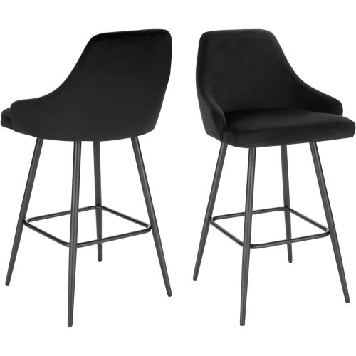 Tabourets Bar Velours Noir, Lot de 2, Dossier, Repose-Pieds - Vue principale