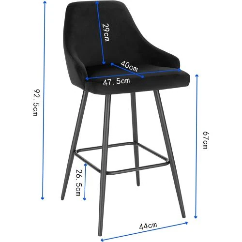 Zoom sur Tabourets Bar Velours Noir, Lot de 2, Dossier, Repose-Pieds