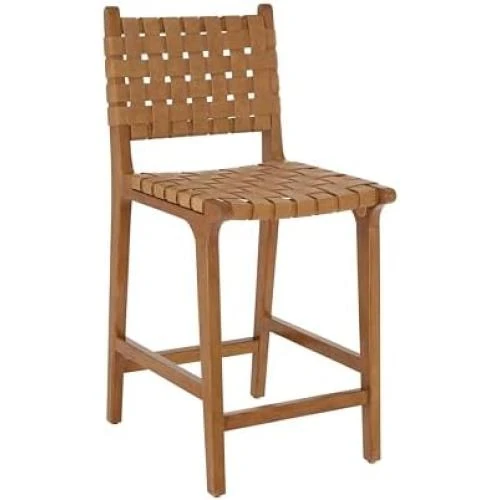 Tabouret de Comptoir Cuisine Cuir PU Tissé Marron avec Dossier - Vue principale