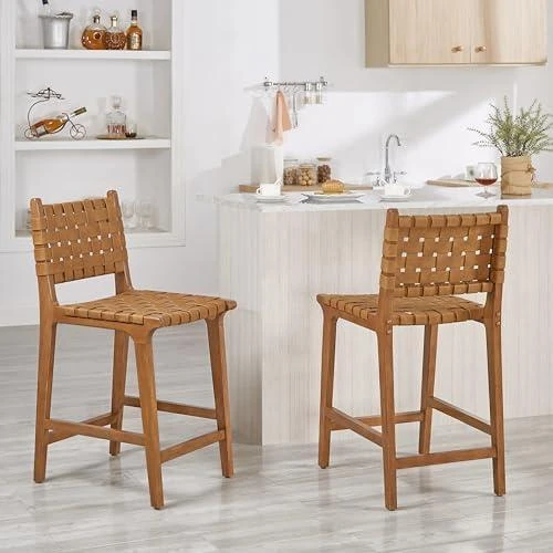 Détail de Tabouret de Comptoir Cuisine Cuir PU Tissé Marron avec Dossier