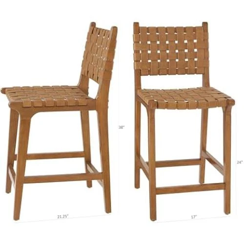 Zoom sur Tabouret de Comptoir Cuisine Cuir PU Tissé Marron avec Dossier