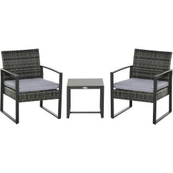 Outsunny Salon de Jardin Polyrotin Gris, Coussins Inclus