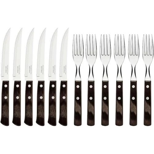 Couteaux, fourchettes steak, 12pcs inox, bois marron - Vue principale