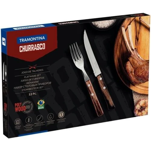 Détail de Couteaux, fourchettes steak, 12pcs inox, bois marron
