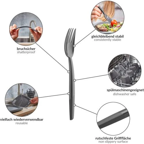 Zoom sur Couvert plastique réutilisable, 30 fourchettes, anthracite