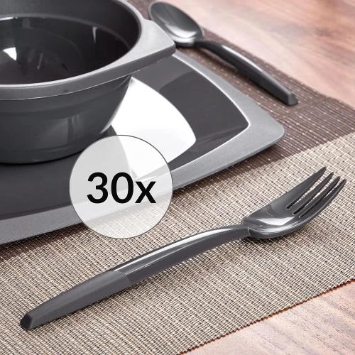 Détail de Couvert plastique réutilisable, 30 fourchettes, anthracite