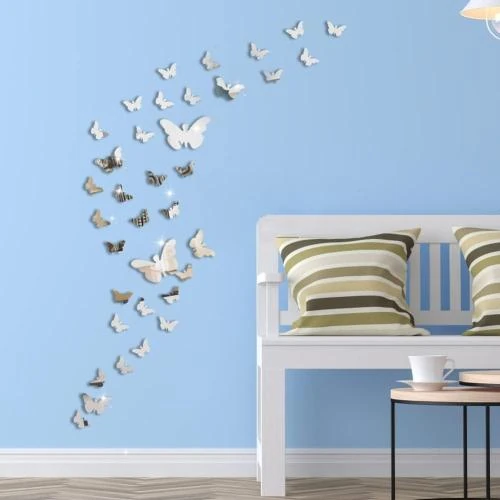 Zoom sur Autocollants Miroir Papillon Argent, 36 Pièces Décoration Murale