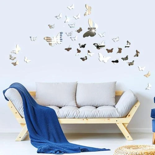 Détail de Autocollants Miroir Papillon Argent, 36 Pièces Décoration Murale