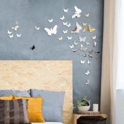 Autocollants Miroir Papillon Argent, 36 Pièces Décoration Murale