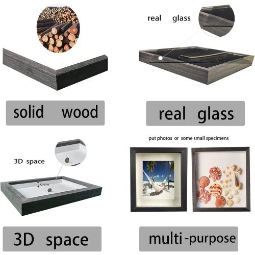 Détail de Dohomi Cadre Photo 3D Bois Massif Noir, Verre Réel