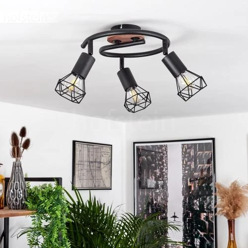 Zoom sur Plafonnier Hofstein Baripada, métal bois noir marron, 3 flammes