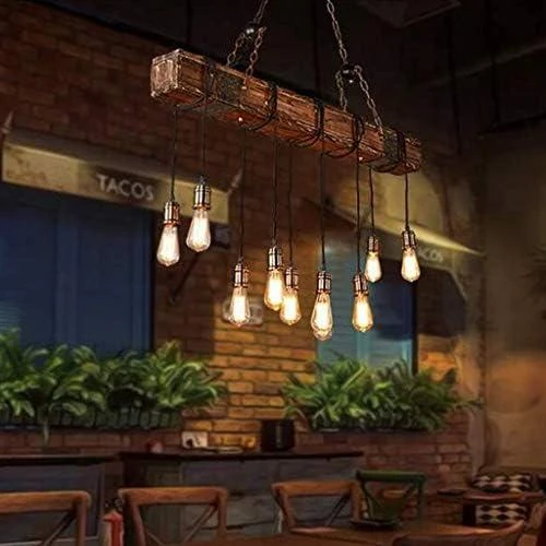 Zoom sur Lustre Pendentif Industriel Bois Métal, Lampe Vintage Loft, E27 Suspension Retro