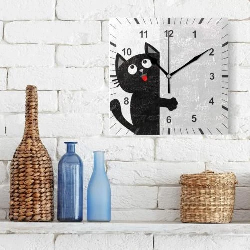 Zoom sur Horloge murale silencieuse carrée, design chat moderne