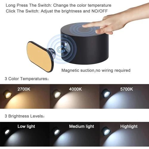 Détail de Applique Murale Rechargeable LED, Commande Tactile, Noir