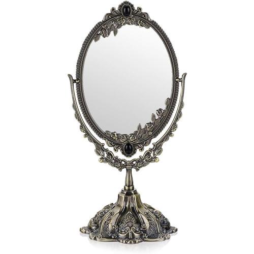 Présentation de Présentation Miroir de table métal antique, miroir maquillage vintage ovale