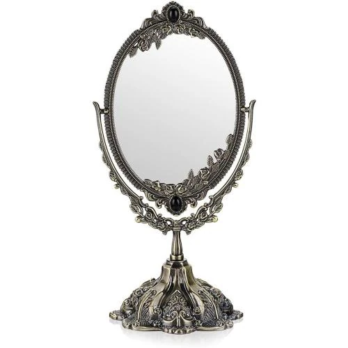 Miroir de table métal antique, miroir maquillage vintage ovale - Vue principale