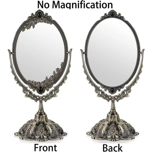Zoom sur Miroir de table métal antique, miroir maquillage vintage ovale