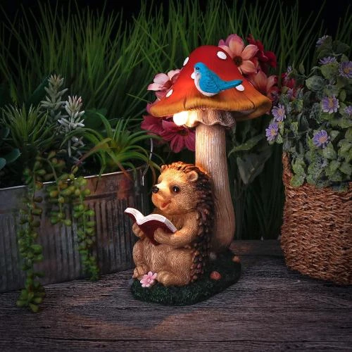 Détail de Figurine Hérisson et Champignon avec Lampe Solaire pour Jardin