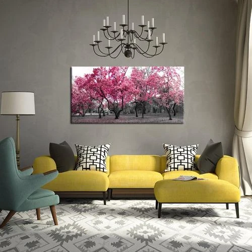 Détail de Peinture murale contemporaine arbre rose, noir blanc, décor moderne