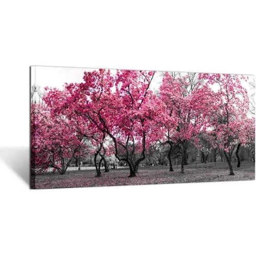 Peinture murale contemporaine arbre rose, noir blanc, décor moderne - Vue principale