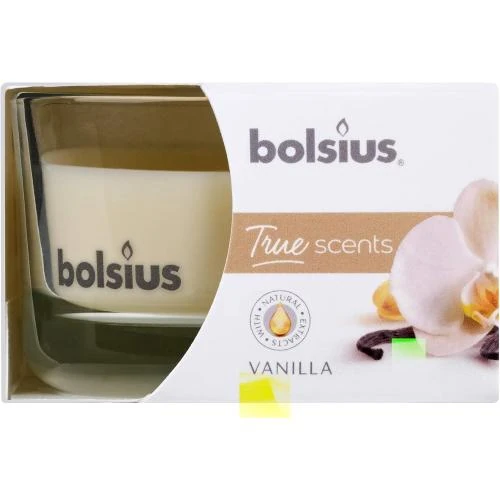 Détail de Bougie parfumée en verre vanille, cire blanche, Bolsius