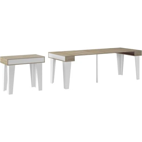 Table Console Extensible 39-237 cm, Chêne Brossé, Blanc Mat - Vue principale