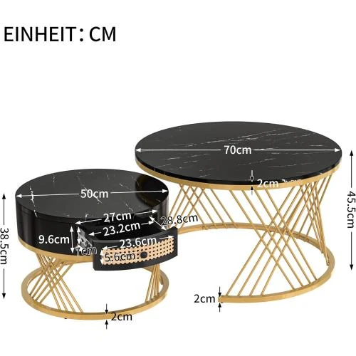 Zoom sur Tables gigognes noires, dorées, modernes, design, salon
