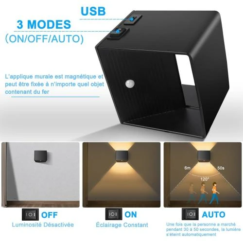 Zoom sur Kinamy Applique Murale LED USB Rechargeable, Détecteur Mouvement