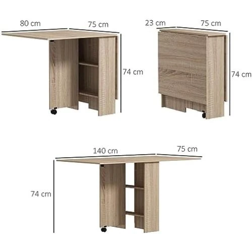 Zoom sur Table à Manger Pliante Mobile, Roulettes, Plateaux Rabattables, Étagères