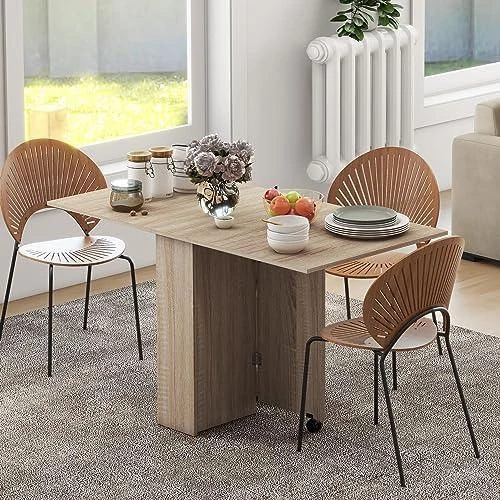 Détail de Table à Manger Pliante Mobile, Roulettes, Plateaux Rabattables, Étagères