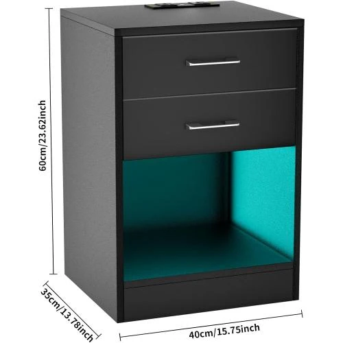 Détail de Table de Chevet Noir, Station de Charge, LED, USB, Tiroirs
