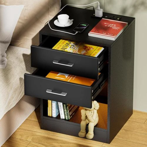 Table de Chevet Noir, Station de Charge, LED, USB, Tiroirs - Vue principale