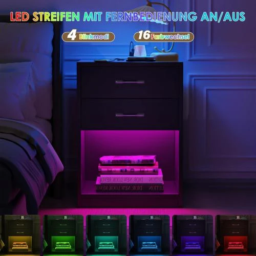 Zoom sur Table de Chevet Noir, Station de Charge, LED, USB, Tiroirs