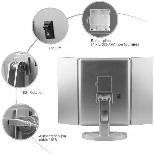 Zoom sur Miroir LED Blanc Lumineux, Grossissant 1X à 10X, Pliable