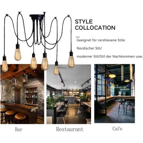 Zoom sur Lampe suspendue Edison vintage, lustre noir, luminaire industriel